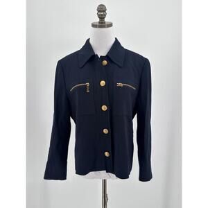 Vintage Mondi Black Wool Collared Zip Pockets Boxy Blazer Jacket Sz 40